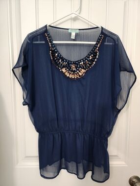 Six Degrees Of Seperation Embellished Navy Sheer Blouse, Size XL